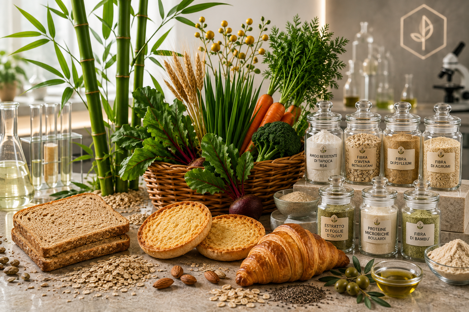 Ingredienti funzionali nutraceutici NutrirSì: amido resistente di tapioca, betaglucani d’avena, fibra di psyllium, agrumi e bambù, pro