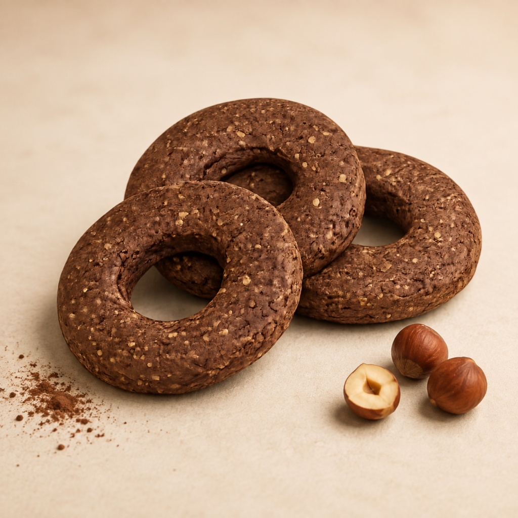 Biscotti NutriFrolla al cacao e nocciola su fondo crema, con nocciole e cacao.