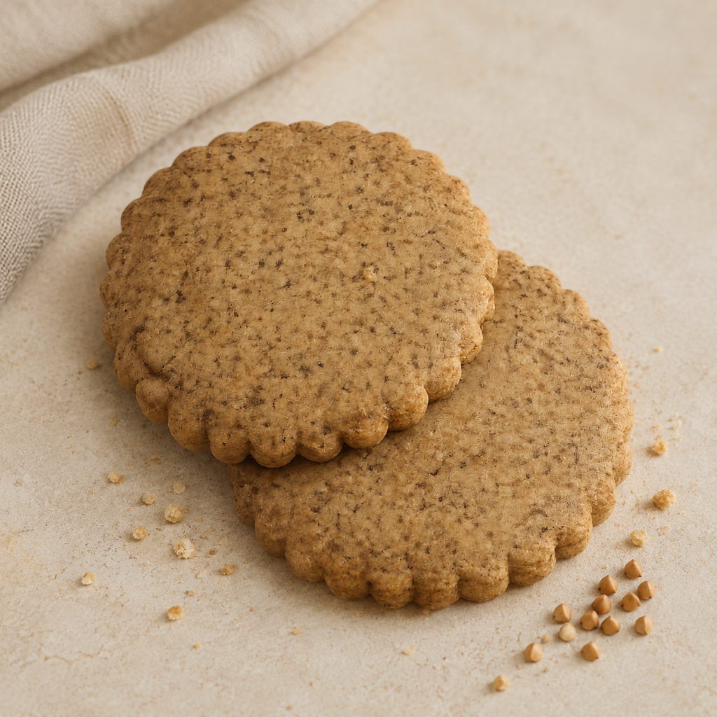 Biscotti NutriFrolla al grano saraceno su fondo avorio, con lino e chicchi di grano saraceno.