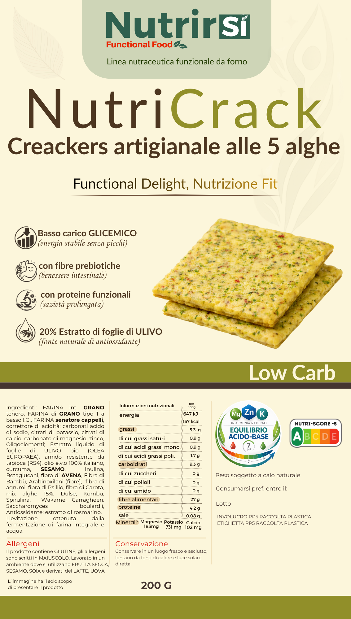 Etichetta con ingredienti e valori nutrizionali dei NutriCrack alle 5 alghe