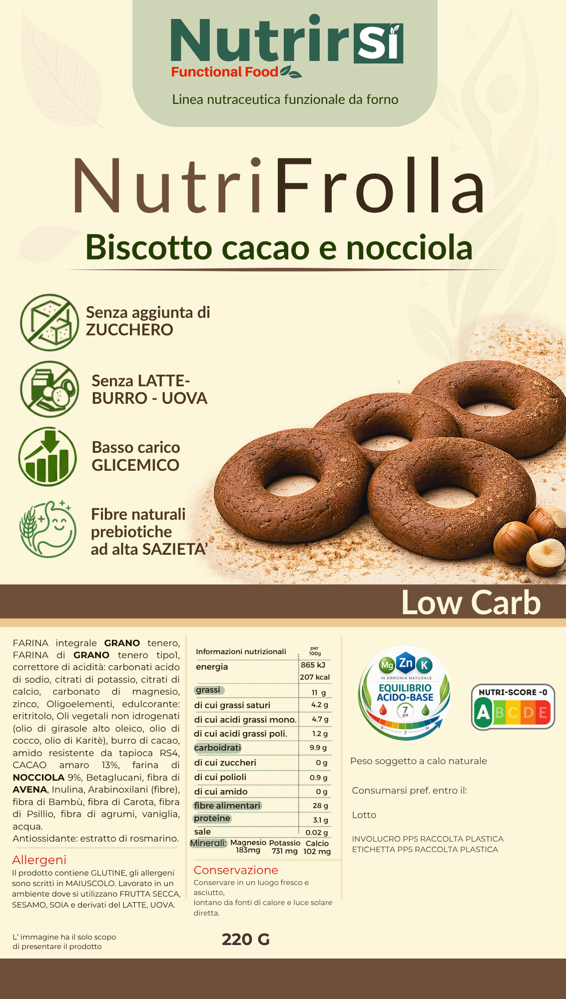 Etichetta NutriFrolla cacao e nocciola da 220 g con ingredienti, allergeni e valori nutrizionali.